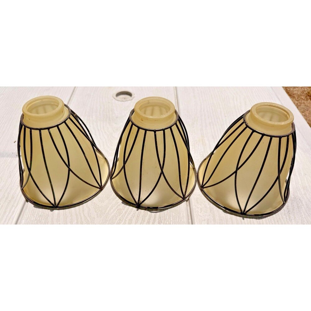 Vintage Frosted Glass Lamp Shades Set of 3 Metal Wire Frame Floral Leaf Design